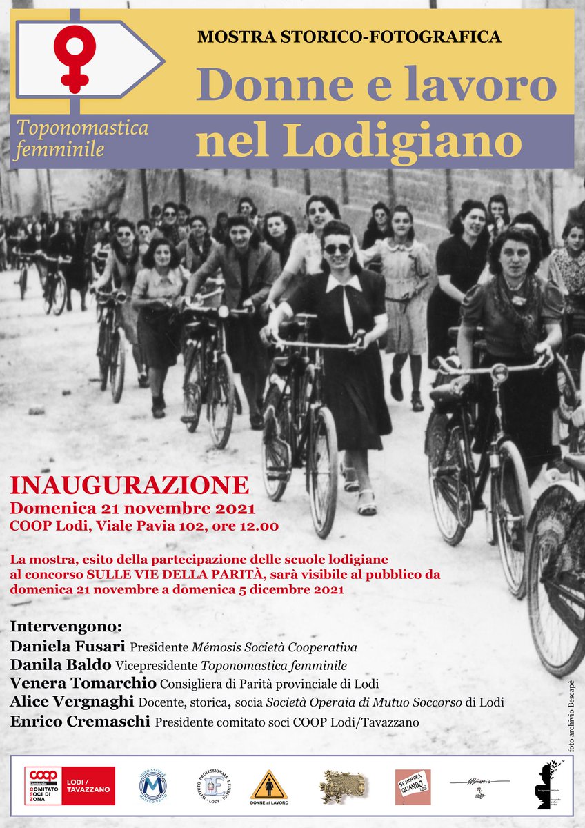 Domenica 21 novembre ore 12.00 COOP Lodi, Viale Pavia 102
INAUGURAZIONE della mostra storico-fotografica
Donne e lavoro nel Lodigiano.

Vi aspettiamo!!
#lavoro #donneelavoro
#coopLodi #donne #lodigiano #toponomasticafemminile