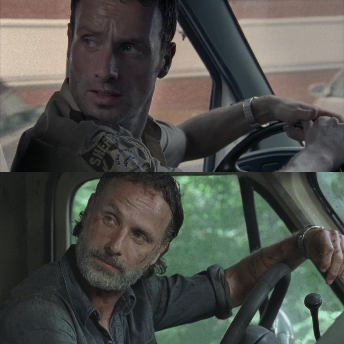 dailygrimesrick's tweet photo. rick grimes at 1x02 and 7x12. https://t.co/GcwkEY5AUO