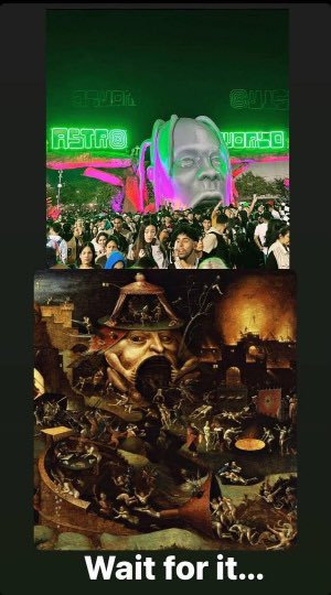 ccrabbb1's tweet photo. The painting is “Christ in Limbo” depicting satanic worshipers and the limbo between life and hell. Pictured is the painting compared to the entrance to Astroworld. The symbolism was there, from the entrance, to the portal on stage, to his shirt he had on. https://t.co/ay1HbbMXZE