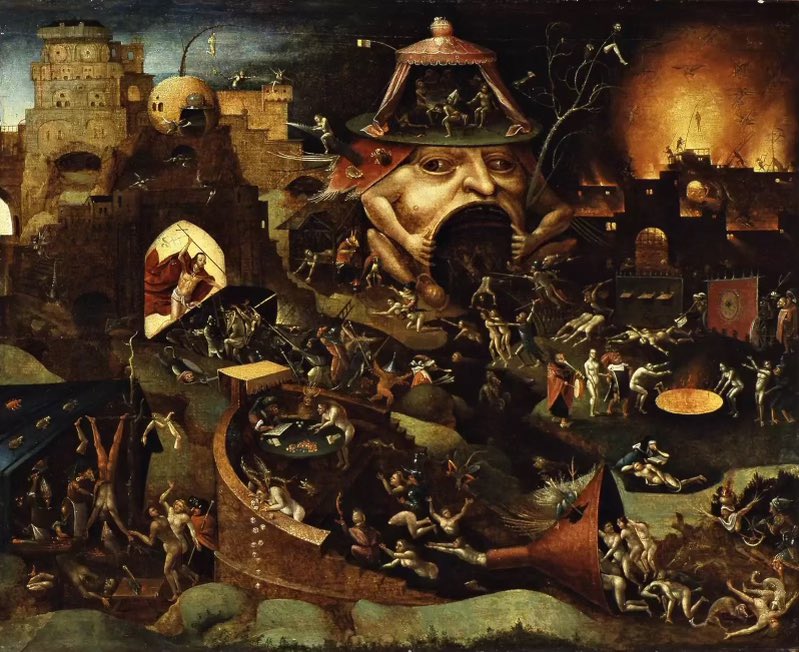 ccrabbb1's tweet photo. The painting is “Christ in Limbo” depicting satanic worshipers and the limbo between life and hell. Pictured is the painting compared to the entrance to Astroworld. The symbolism was there, from the entrance, to the portal on stage, to his shirt he had on. https://t.co/ay1HbbMXZE