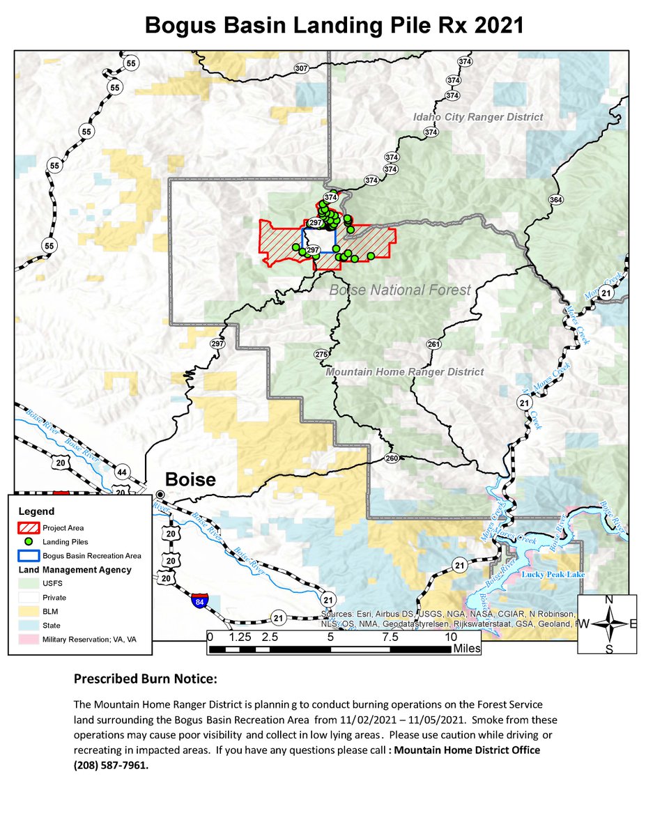 Weather, and conditions permitting, the Mountain Home Ranger District fuel managers have extended their timeframe to ignite a number of piles near the Bogus Basin Recreation Area from Nov. 5 to Nov.15.
Smoke may be visible from Boise, Hidden Springs, Horseshoe Bend