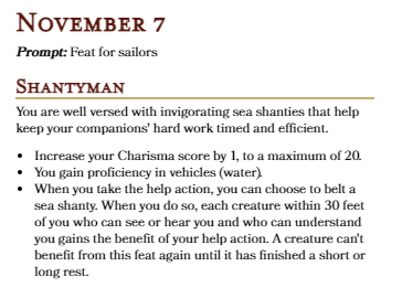 EldritchCreates's tweet photo. Day #7 of #Swashbucklvember is brought to you by our bard Taylind (@DonmyGoldensun). A feat for sailors who love to sing and use those songs to inspire their crewmates! Also, if you say it 5 times, the Shantyman appears...
#dnd #homebrew #seafaring #SeaOfSouls #dnd5e #ttrpg #rpg https://t.co/Hl37ENXaNB