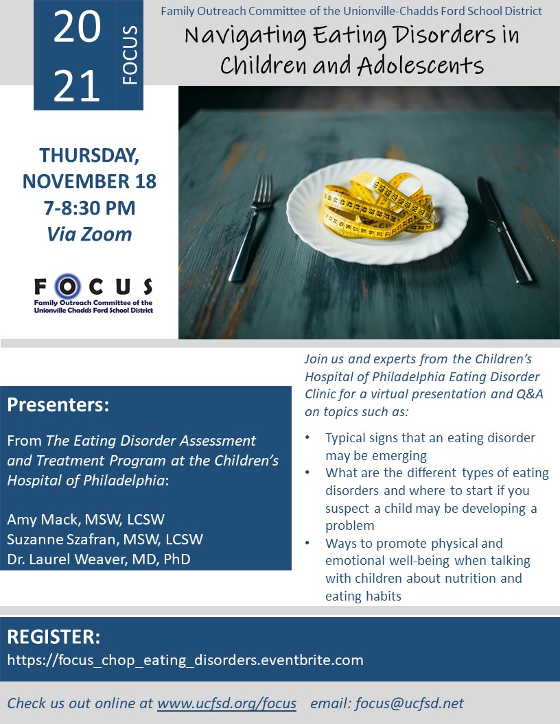 Join us on Thursday November 18 from 7-8:30 pm for a Zoom presentation from the CHOP Eating Disorder Program: Navigating Eating Disorders in Children and Adolescents.  Sign up here: …_chop_eating_disorders.eventbrite.com 
@UCFSD