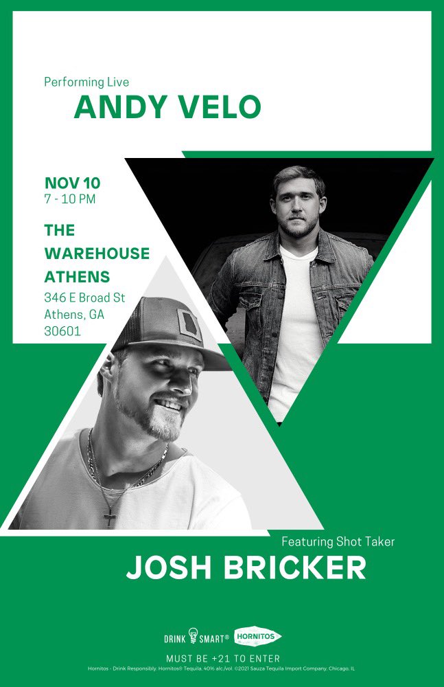 Josh Bricker (@jbrickermusic) on Twitter photo 🚨ATHENS, GA🚨You don’t wanna miss this FREE SHOW this Wednesday at @thewarehouseathens presented by <a href="/HornitosTequila/">Hornitos® Tequila</a> ! My buddy Andrew Dixon will kick things off and then me and the boys and <a href="/andyvelo/">Andy Velo</a> will bring the house down! Y’all come and party with us! 
#countrymusic 🚨ATHENS, GA🚨You don’t wanna miss this FREE SHOW this Wednesday at @thewarehouseathens presented by <a href="/HornitosTequila/">Hornitos® Tequila</a> ! My buddy Andrew Dixon will kick things off and then me and the boys and <a href="/andyvelo/">Andy Velo</a> will bring the house down! Y’all come and party with us! 
#countrymusic