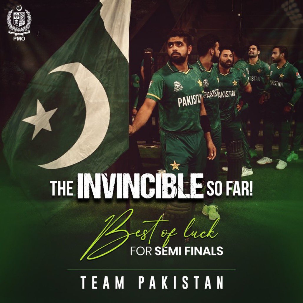 PTIofficial's tweet photo. Congratulations to our team Pakistan on another win, and for finishing the group stage undefeated! Best of luck for Semifinals! #Pakistan https://t.co/6cPURXspUl