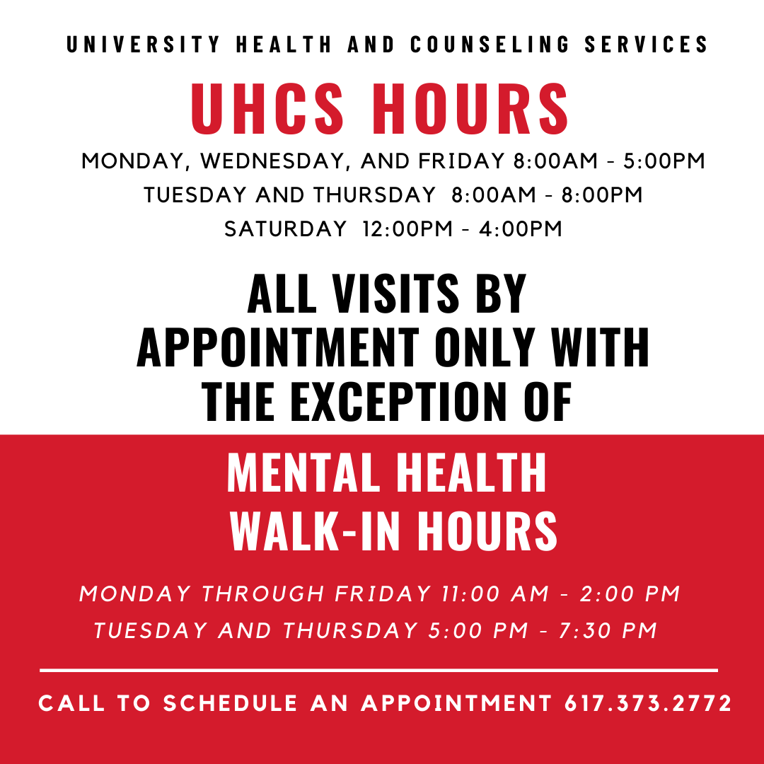 NU_UHCS's tweet photo. UHCS is open 6 days a week. To schedule an appointment call 617-373-2772. Mental health walk-in hours Monday through Friday 11AM - 2PM, Tues &Thus 5PM - 7:30PM. 24 hr mental health support is always available through Find@Northeastern. #UHCS #HelpIsAvailable 📱 https://t.co/P9803tjQJj
