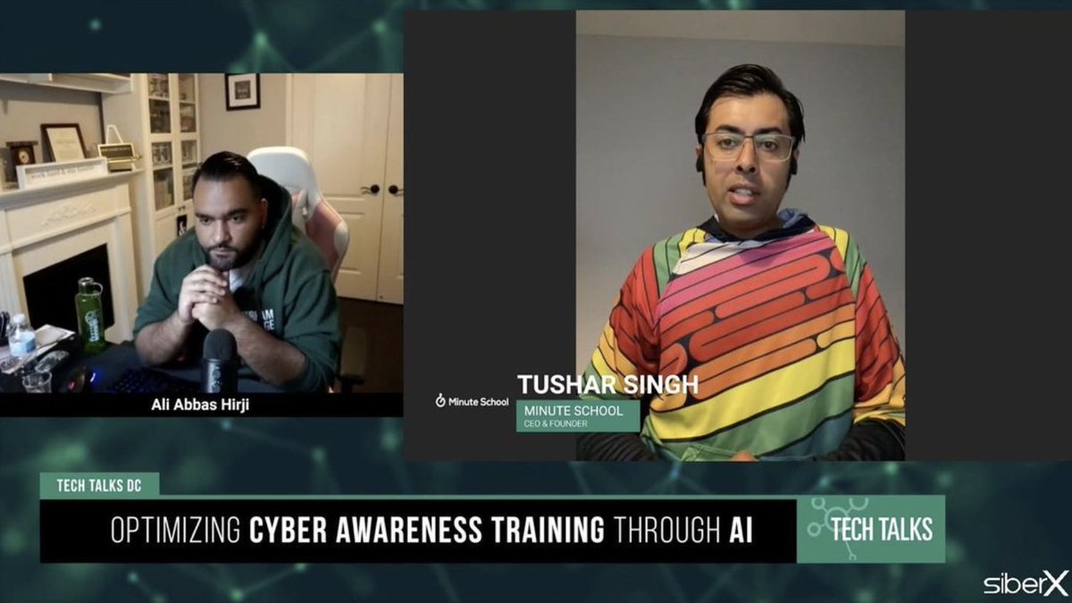 TheAIHub's tweet photo. A quick flashback when we hosted "Optimizing Cyber Awareness Training Through AI," a #TechTalksDC with Tushar Singh from @MinuteSchool &amp; Ali Hirji to discuss new models to deliver #training and how #AI and #cybersecurity tools support the #learning process.

#LeadingTheWay https://t.co/M6Le0uacz9