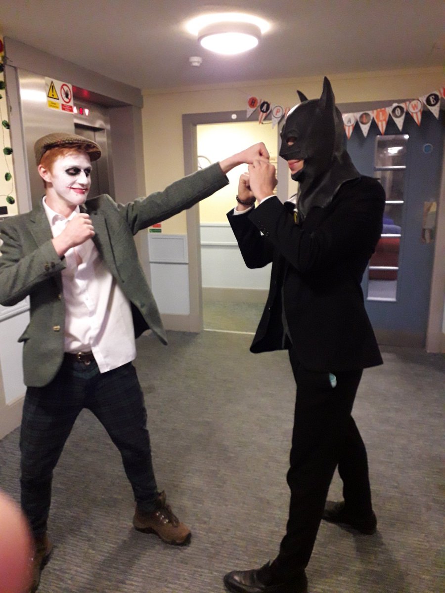 CSkrines's tweet image. Joker and Batman making friends after last night's Halloween social events.