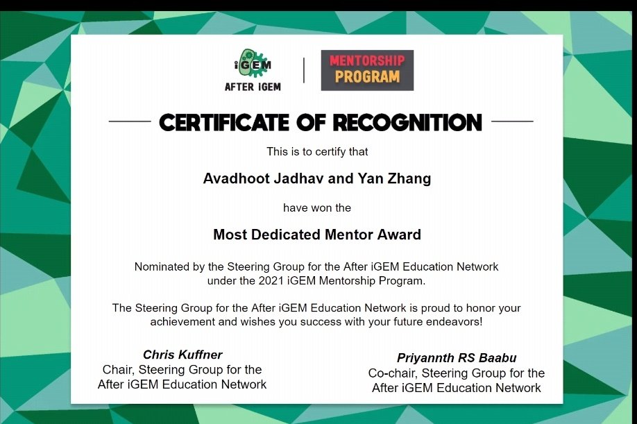 Avidhoot's tweet photo. Happy to share.....
Thankyou @AfteriGEM @iGEM @_NannanJiang and @Priyannth for this wonderful opportunity:)
Thoroughly enjoyed the mentorship program! https://t.co/53Ahw76v0U