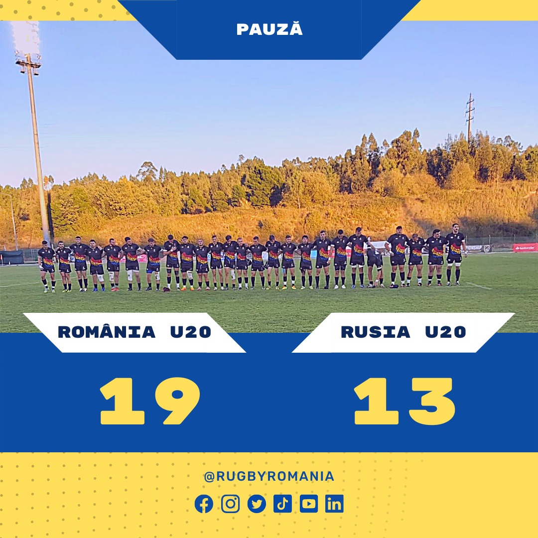 RugbyRomania's tweet photo. 🏉 Stejăreii conduc la pauză în meciul din sferturile de finală ale Campionatului European U20 de la Coimbra.

#RugbyRomania
#ROUvRUS
#TotiPentruRomania https://t.co/mOxJZYFfzh