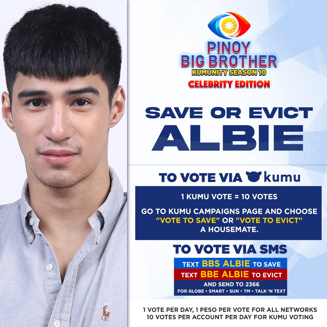PBBabscbn's tweet photo. You have the power to vote for Albie!

TO VOTE VIA KUMU: Go to Kumu Campaigns and choose Vote to Save or Vote to Evict a housemate. 

TO VOTE VIA SMS: Text BBS ALBIE to Save or Text BBE ALBIE to Evict and send to 2366

Click here: 
https://t.co/cxmekptsro
https://t.co/KCjwfLJ2th https://t.co/cz92Jfsz96