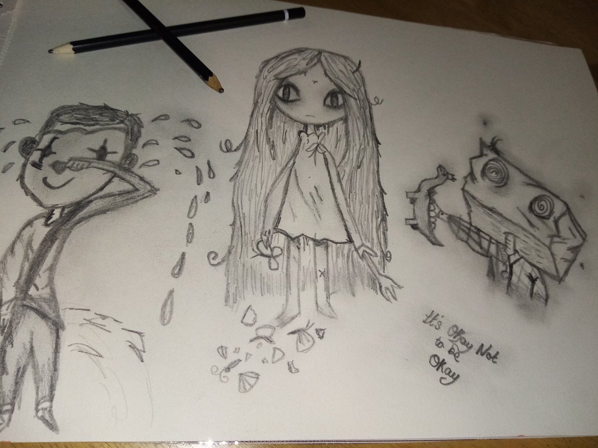 simmeremma's tweet photo. Haven't drawn in a long time, love the show #itsokaynottobeokay so much I had to try and draw characters from #findingtherealface #mentalhealth https://t.co/TPn0ViqRuL
