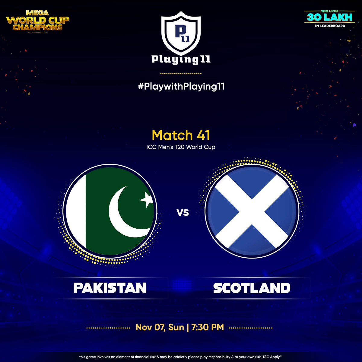 playing11app's tweet photo. Match 41 of the @T20WorldCup and table toppers @TheRealPCB will take on  @CricketScotland. While the men in green look to continue their winning form, the Scott's will look to play for pride. Choose your playing11 and win exciting prizes. #Playwithplaying11 #T20worldcup https://t.co/mvFrENJZlX