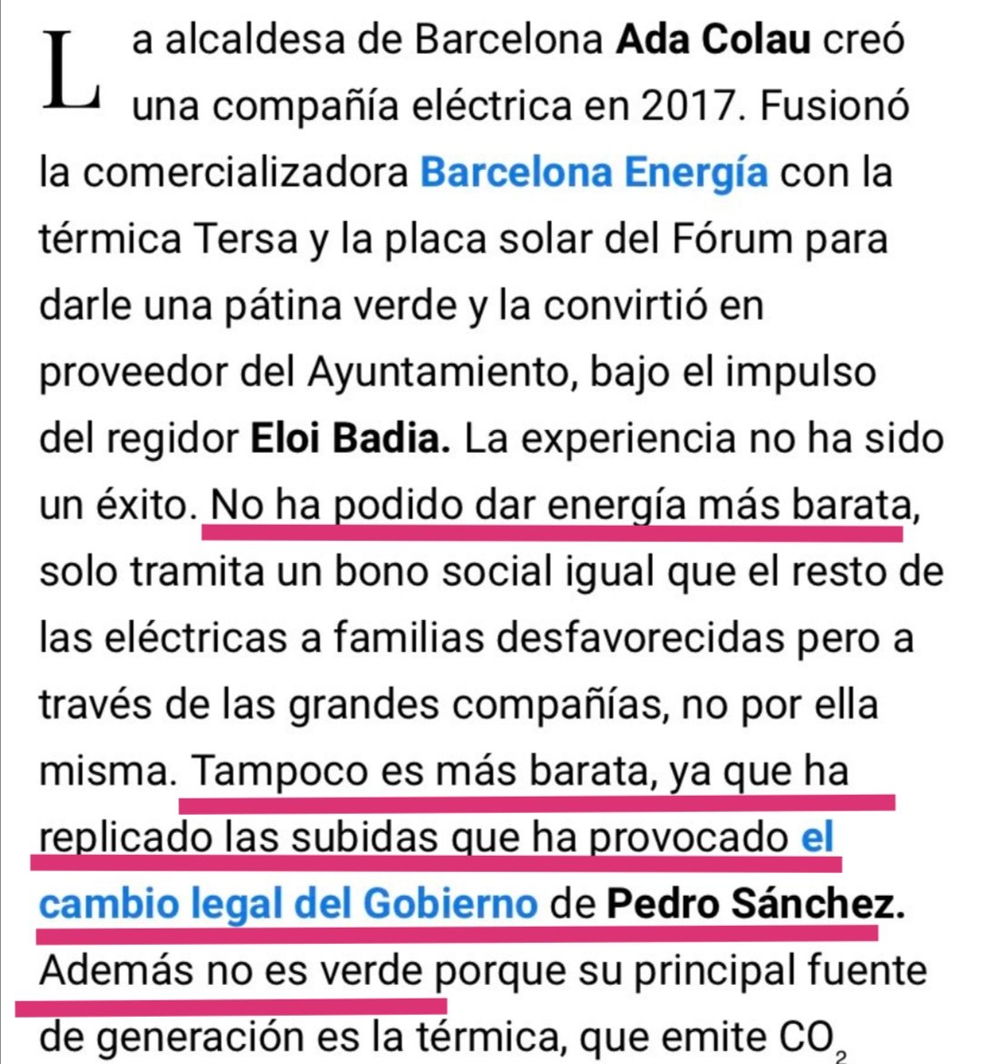 ⛔ BULO de Ada Colau y <a href="/bcnencomu/">Barcelona En Comú</a>. "En Barcelona hemos creado la empresa pública <a href="/bcn_energia/">Barcelona Energia</a>, 100% verde, que ha conseguido bajar la factura de la luz".

❌ FALSO: No es 100% verde, ya que recurre al mercado mayorista para comprar electricidad. Tampoco es más barata ni rentable.