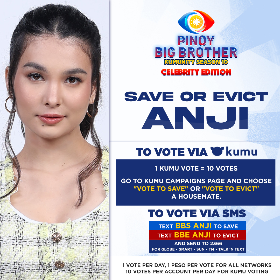 PBBabscbn's tweet photo. You have the power to vote for Anji!

TO VOTE VIA KUMU: Go to Kumu Campaigns and choose Vote to Save or Vote to Evict a housemate.

TO VOTE VIA SMS: Text BBS ANJI to Save or Text BBE ANJI to Evict and send to 2366

Click here: 
https://t.co/cxmekptsro
https://t.co/KCjwfLJ2th https://t.co/1Yr2GKbsdg