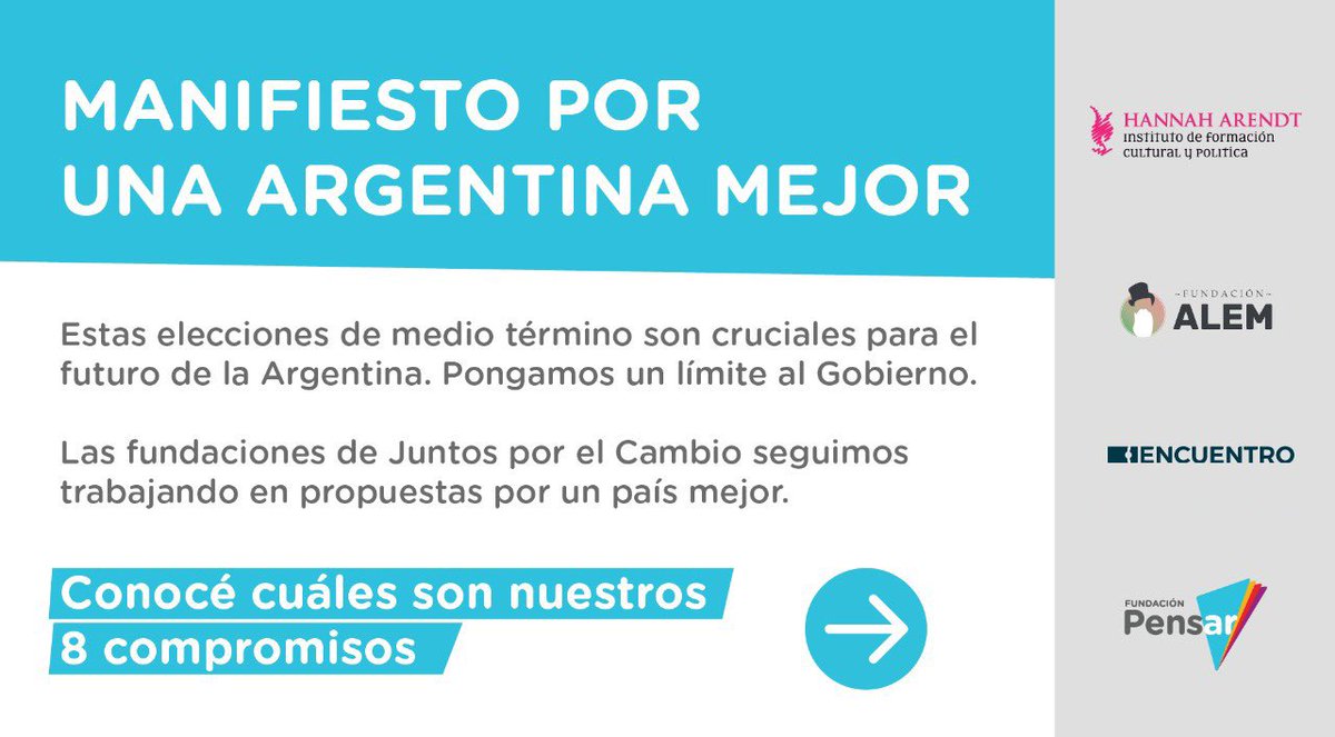 fpensar's tweet photo. Las fundaciones de @juntoscambioar seguimos trabajando por un futuro mejor para la Argentina 🇦🇷. 
¡Conocé el #ManifiestoDelCambio y sus #8compromisos!
🔹@fpensar 
🔹@FundacionAlem 
🔹@InstitutoArendt 
🔹Encuentro 
Leé el Manifiesto completo en el link: https://t.co/HJxo5fK4Yr https://t.co/s4zOeoIu2K