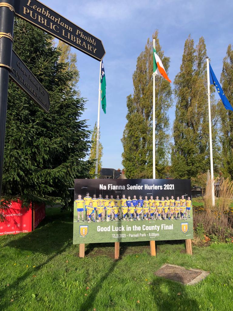 clgNaFianna's tweet photo. Brilliant to see club colours + posters going up around the area to support our Senior Hurlers in next weekend's #GoAheadDSHA County Final.

GRMA to the facilities team + all who helped today. If you've got 🇺🇦🇺🇦at home, do put them up! #GetYourColoursOut #NaFiannaAbu 💛💙 https://t.co/mLvTOym3fB