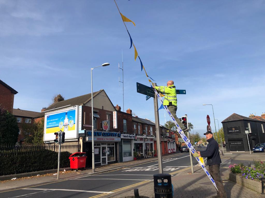 clgNaFianna's tweet photo. Brilliant to see club colours + posters going up around the area to support our Senior Hurlers in next weekend's #GoAheadDSHA County Final.

GRMA to the facilities team + all who helped today. If you've got 🇺🇦🇺🇦at home, do put them up! #GetYourColoursOut #NaFiannaAbu 💛💙 https://t.co/mLvTOym3fB