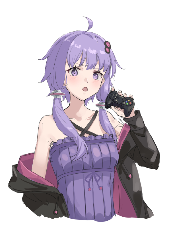 yuzuki yukari 1girl solo purple eyes purple hair black jacket dress holding  illustration images