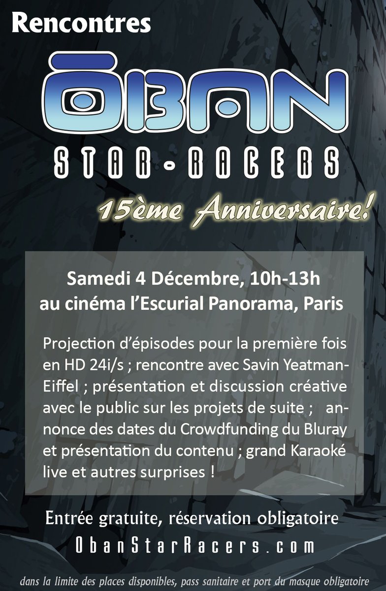 EiffelSavin's tweet photo. Venez fêter les 15 ans d'#ObanStarRacers le samedi 4 décembre de 10h00 à 13h00 à l'#Escurial! Entrée gratuite, réservation obligatoire:
https://t.co/Igp6hf0nJI
#anime #animation #Nolife #NHKBS #オーバン #Jetix #toondisney #DisneyXD #ABCfamily #toowam #francetruc #lachainemanga https://t.co/0czulSoZg8