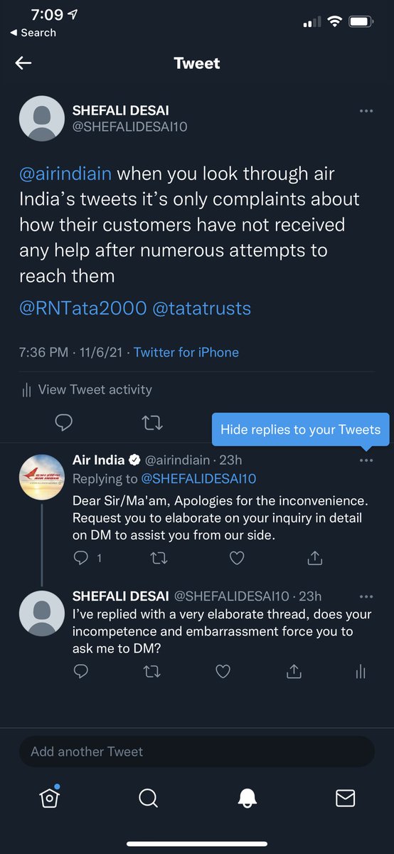 SHEFALIDESAI10's tweet photo. Of course, still no response. It’s been 23 hours  @airindiain 

@RNTata2000  @tatatrusts https://t.co/REGFQ5PLKT
