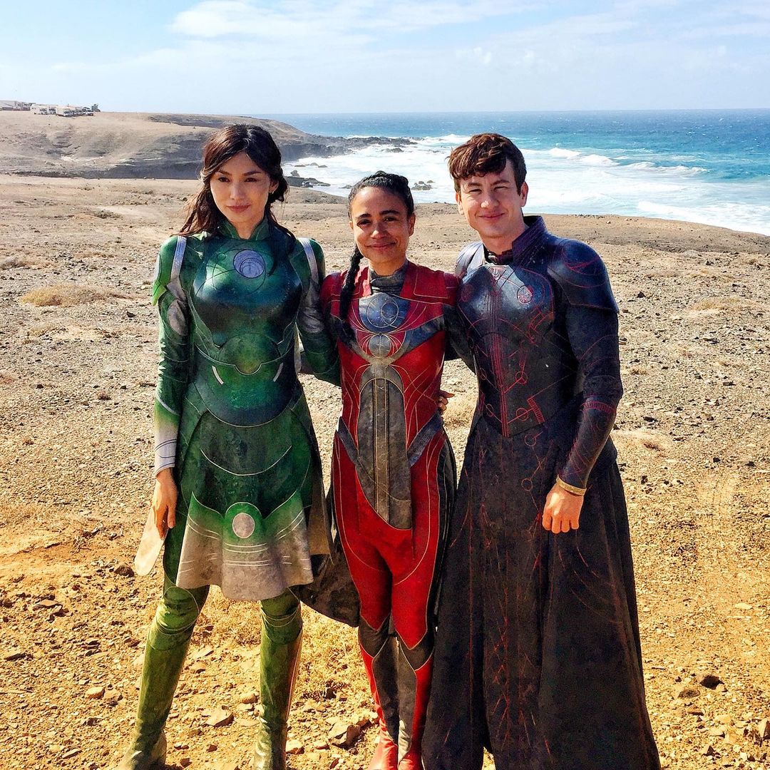 lauren ridloff, gemma chan and barry keoghan behind the scenes of #eternals