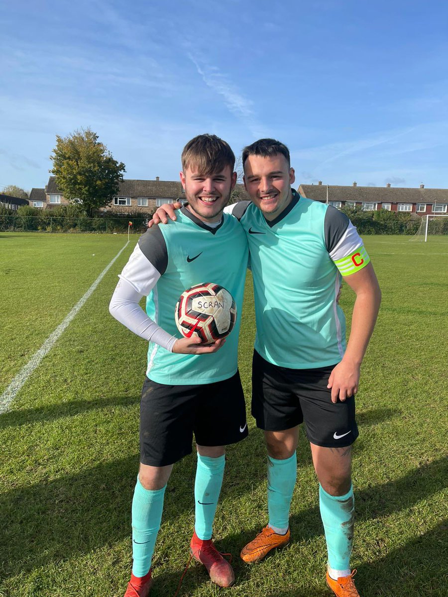 Hat Trick Hero! <a href="/CharliePieton/">CP</a> being awarded the match ball by skip <a href="/georgejeacock47/">George</a>  after popping up with the goods with a first half hatty. Some naughty finishes! #upthescran