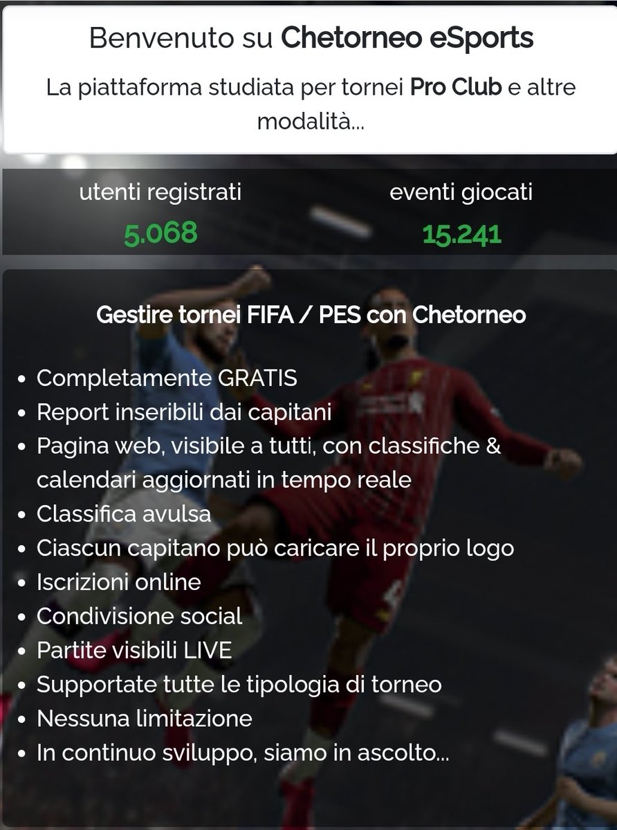 📣Pubblicizzati su chetorneo.com

💣Più di 5000 iscritti e più di 15000 eventi giocati

"La nostra missione è unire il mondo ProClub, dotando ciascun player di un'unica carriera seppur partecipando in diverse competizioni (e tornei).

<a href="/BocaRetwitt/">BocaRT</a>
<a href="/chetorneo/">Chetorneo eSports</a>
<a href="/RTProClubs/">RTProClubs</a>