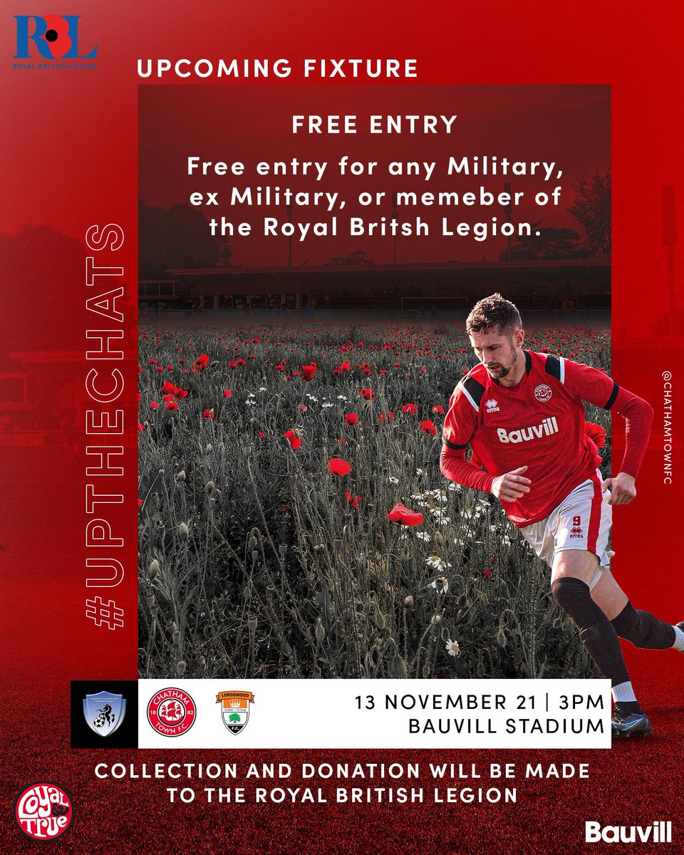 Upcoming Fixture:

Next Saturday for our home game vs @LordswoodFC current and ex Military, as well as members of the Royal British Legion will get free entry to the game.

There will also be a collection and donation made to the <a href="/PoppyLegion/">Royal British Legion</a> 

#UpTheChats 🇾🇪