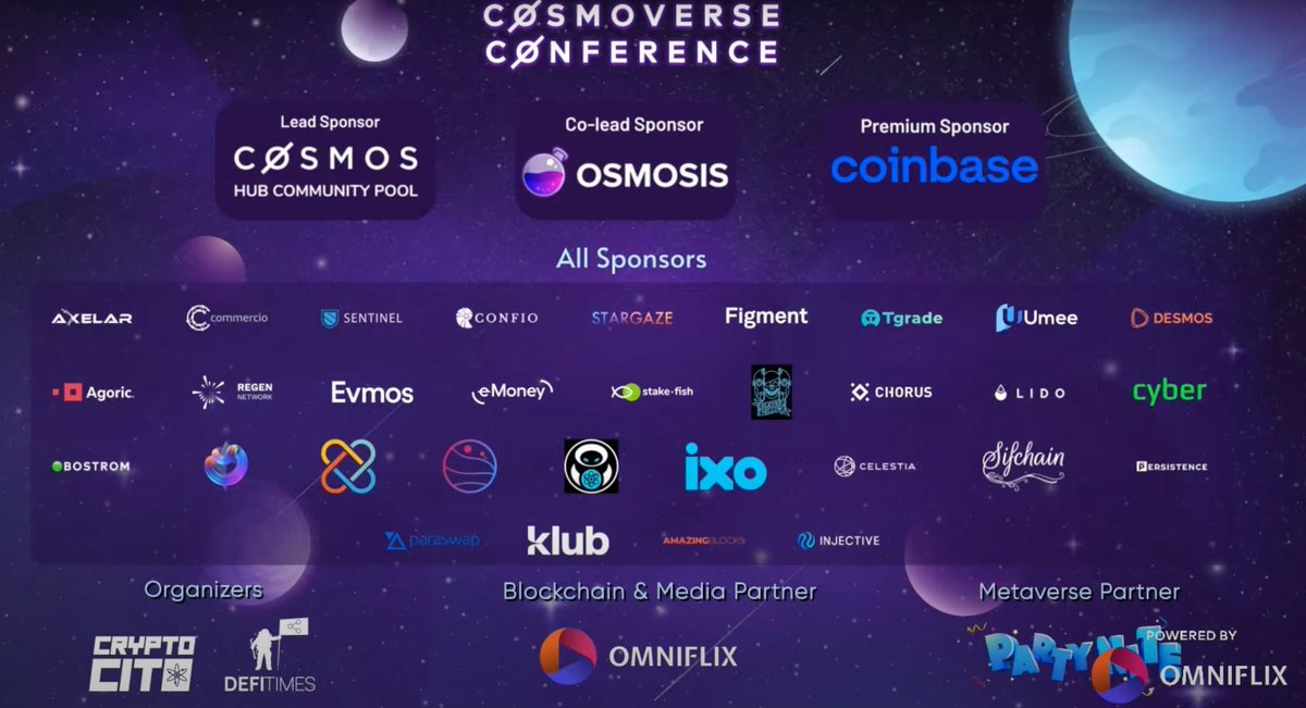 Cryptocito's tweet image. The teams and organizations that helped make #Cosmoverse a giant success:

Big thanks to the @Cosmos community for the lead sponsorship, the @Osmosiszone DAO as the co-lead as well as @Coinbase for being a premium sponsor.

Wouldn&apos;t have been possible without you 💙