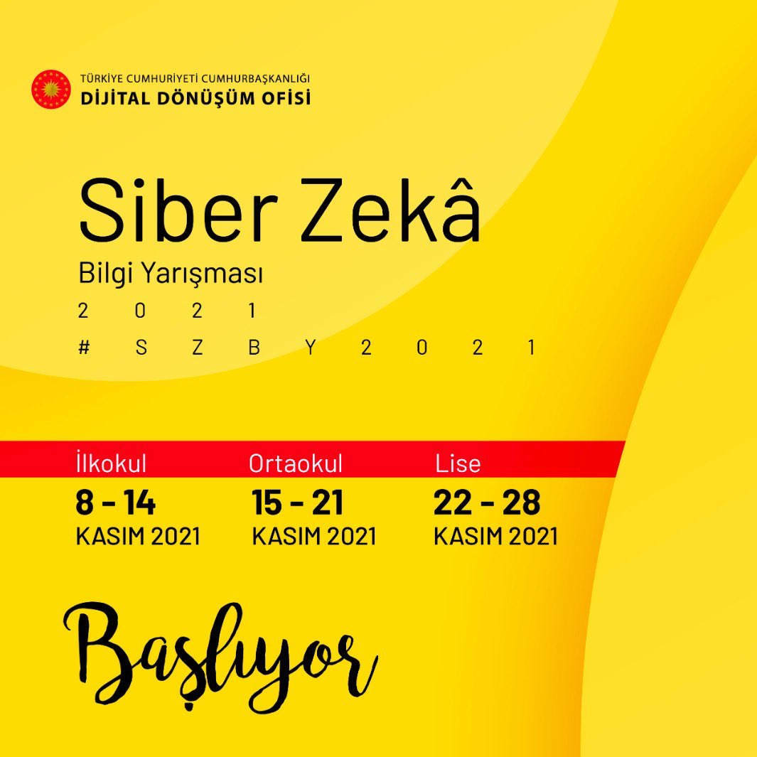 Cumhurbaşkanlığı Dijital Dönüşüm Ofisi ve Millî Eğitim Bakanlığımız iş birliğiyle Siber Zeka Bilgi Yarışması yeniden düzenleniyor. İlkokul, Ortaokul ve Lise düzeylerindeki tüm öğrencilerimizi #SZBY2021’e bekliyoruz.
<a href="/dijital/">Dijital</a> <a href="/tcmeb/">Millî Eğitim Bakanlığı</a> <a href="/memleventyazici/">Levent Yazıcı</a>
👉🏻 siberzeka.cbddo.gov.tr