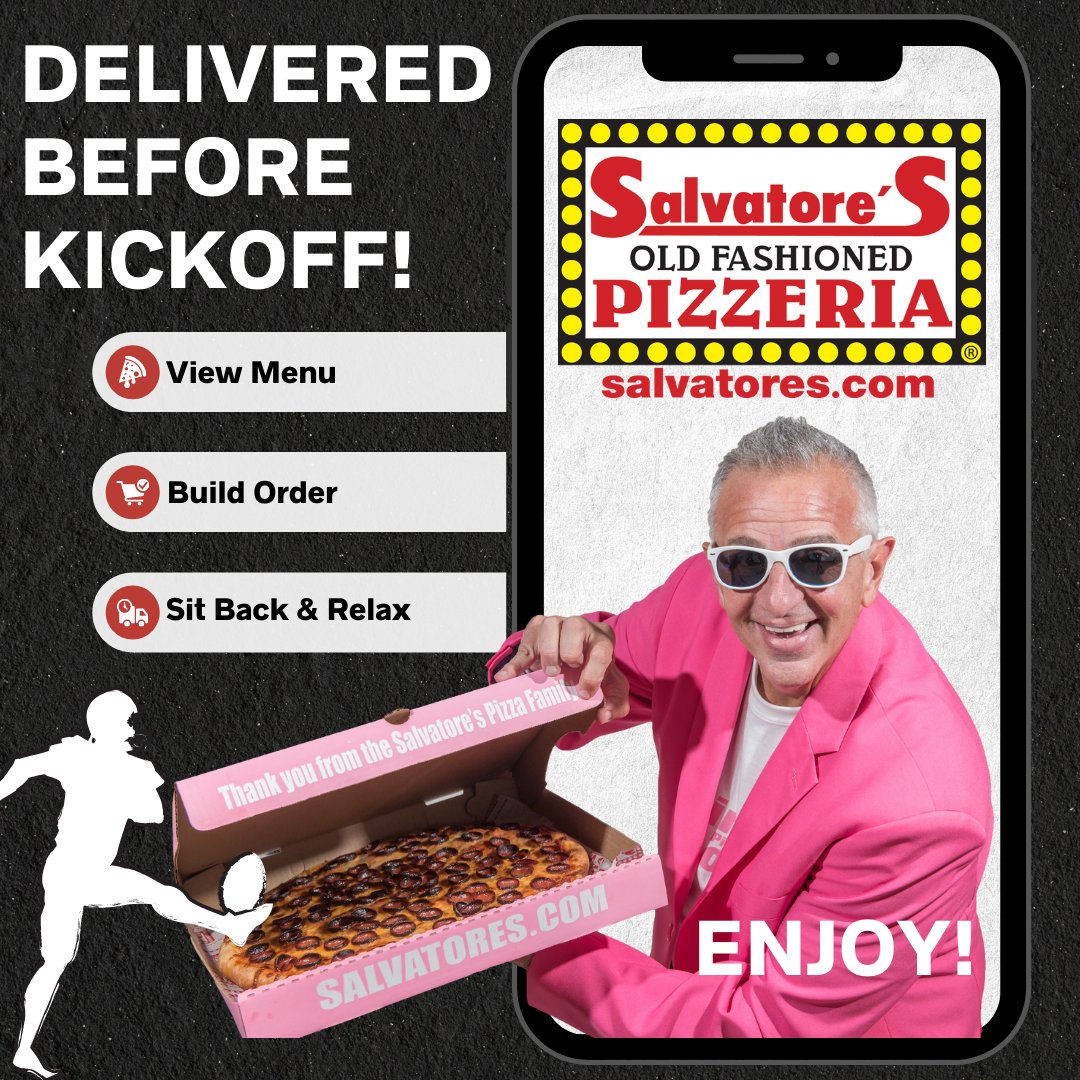 Get your pizza delivered before game time! 🏈 Order online now at salvatores.com