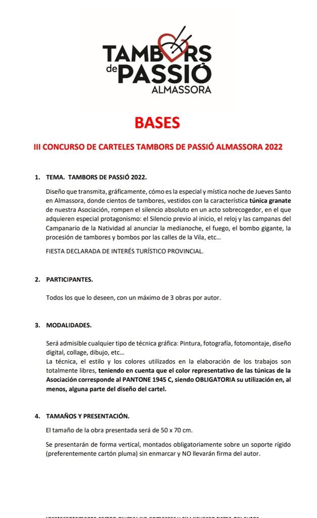 TamborsdePassio's tweet photo. La Asociación Tambors de Passió Almassora convoca el III CONCURSO DE CARTELES TAMBORS DE PASSIÓ ALMASSORA para la Semana Santa 2022.
Fecha límite entrega de trabajos: Domingo 20 de Febrero de 2022.🔚
Premio: 500 €uros. 💰
Para información más detallada: tamborsdepassio@gmail.com https://t.co/BjqwmDqY2n
