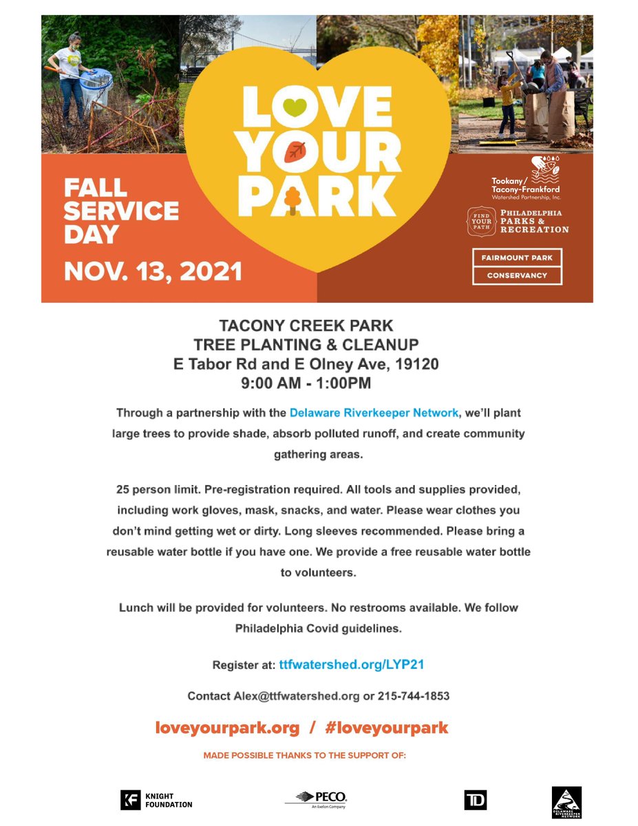 TTFWatershed's tweet photo. Join us to #LoveYourPark in #TaconyCreekPark on 11/13, 9am-1pm to plant red maples & oak trees to provide shade, absorb #pollutedrunoff, & create #community gathering areas. Event possible thru partnership w/ @DelRiverkeeper.
Register: https://t.co/Kj8RMI9IGM.
@PhilaParkandRec https://t.co/VUW5IclWCy