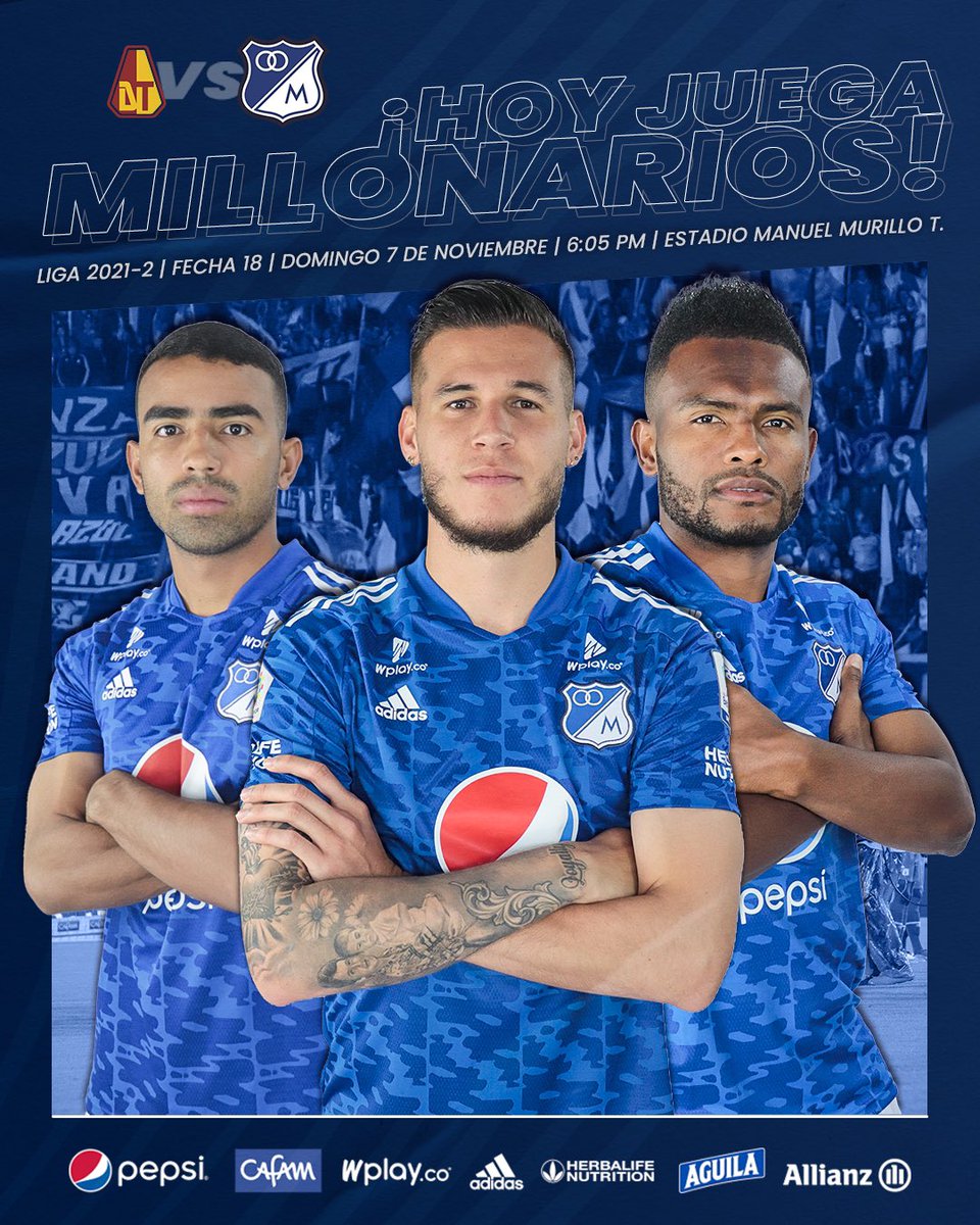 MillosFCoficial's tweet photo. ¡Todos con la azul puesta! ¡HOY JUEGA MILLONARIOS! 💙🔝⚽️

El balón rodará a las 6:05pm en el estadio Manuel Murillo Toro de Ibagué para nuestro partido frente al Tolima.

¡VAMOS MILLONARIOS! 🔵⚪️ https://t.co/U7YnZ0NgvV