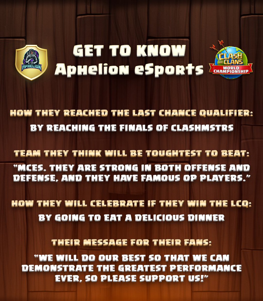World Championship Finals or bust for the <a href="/AphelionCOC/">Aphelion Clash of Clans</a> astronauts as they prepare for blastoff at the Last Chance Qualifier! 🧑‍🚀🚀

They earned their Wildcard at <a href="/ClashMSTRS/">ClashMSTRS</a> and aren't done yet. Get to know the crew before next weekend!

#ClashWorlds | #ClashEsports