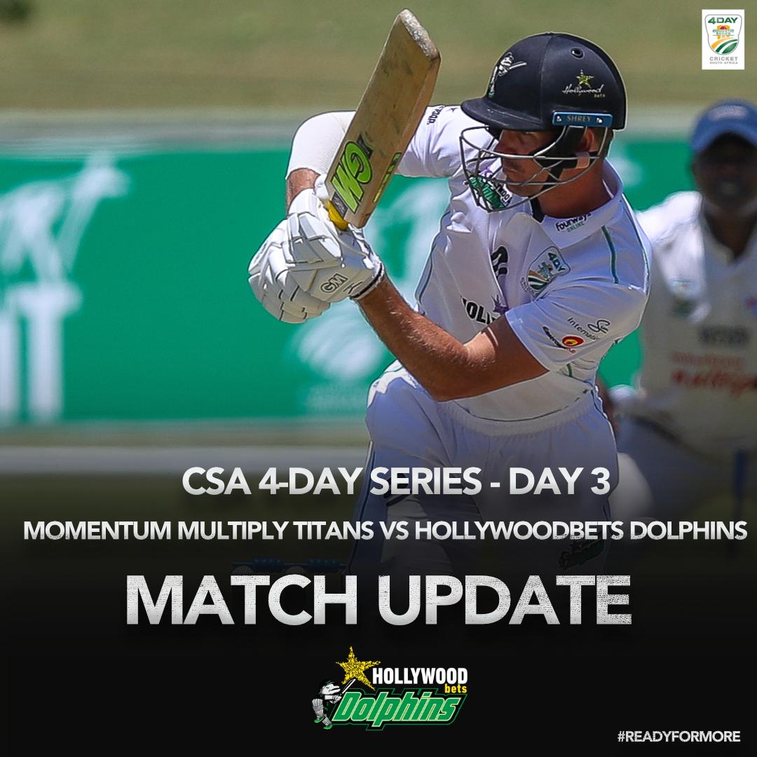 DolphinsCricket's tweet photo. Update, Day 3

A valiant first innings effort from @Hollywoodbets Dolphins ends on 433 all out (137.3 overs) with a 9 run lead over the Momentum Multiply Titans

Top scorers for @hollywoodbets Dolphins are:
S. Erwee 163 (370)
B. Parsons 78 (152)
J. Smith 59 (91) https://t.co/TCOyeJESjW