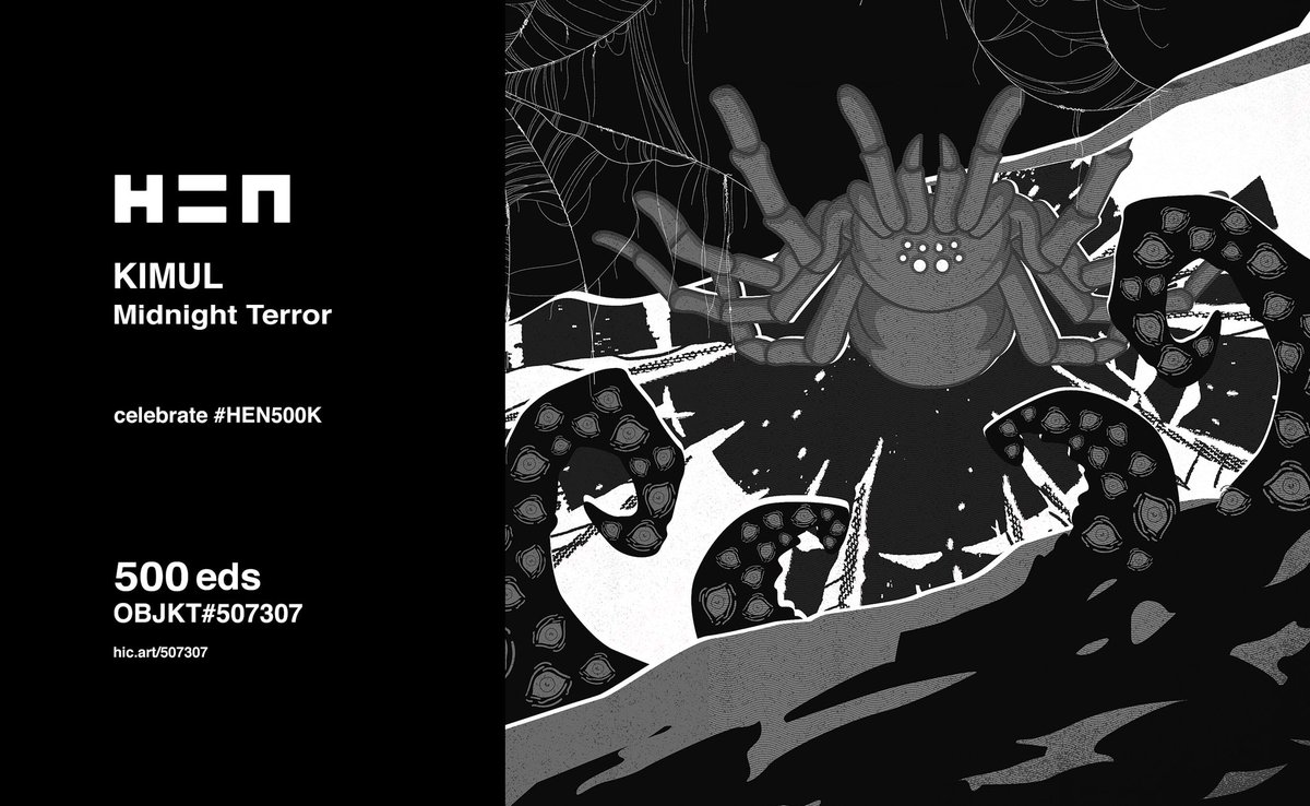 kim_muls's tweet photo. CELEBRATE #HEN500K DROP ! "Midnight Terror" Available on 

@onhicetnunc

@hicetnunc2000

500 editions | 0.5 tz > https://t.co/IQaRTduKgn

#nftcommunity #NFTarts #NFTcollectibles #NFTcollections #nftcollector #hen500k #monochrome #dark #nft https://t.co/CzcpEwWtx9
