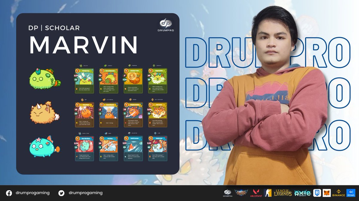 drumprogaming's tweet photo. We are happy to announce the newest member of our DrumPro Scholarship Program! 🎉🎉🎉

DP Scholar | Marvin

"Work and you’ll get what you need; work harder and you’ll get what you want."

#drumproofficial #axieinfinity #axiescholarship #gaming #crypto #playtoearn #nftgames https://t.co/LVtG98flc0