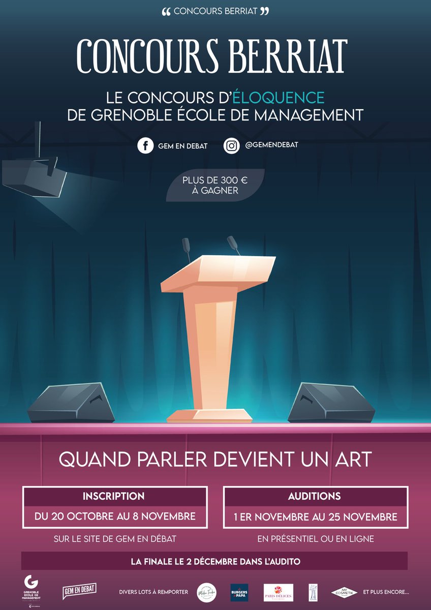 Grenoblois, Grenobloises ! 📣
Nous vous annonçons aujourd’hui le début des inscriptions au #ConcoursBerriat.
Un concours d’#éloquence organisé par #GEMEnDebat où les Gémiens et les lycéens grenoblois s’affrontent dans des joutes oratoires.
Plus qu’un jour pour vous inscrire!
