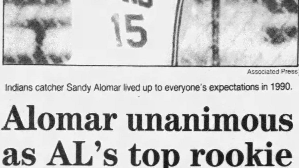 MrCleveland_216's tweet photo. November 7, 1990: Sandy ROY ⚾️🏆
CLE renaissance officially ON-Sandy Alomar Jr. wins AL Rookie of Year award. 3rd ever unanimous selection (Carlton Fisk '72, Mark McGwire '87). Season: .290/9/66/132 gms, mainstay behind plate for next 10 yrs after #OurCLE #Sandy #ROY #Renaissance https://t.co/iSSbgAHj2y