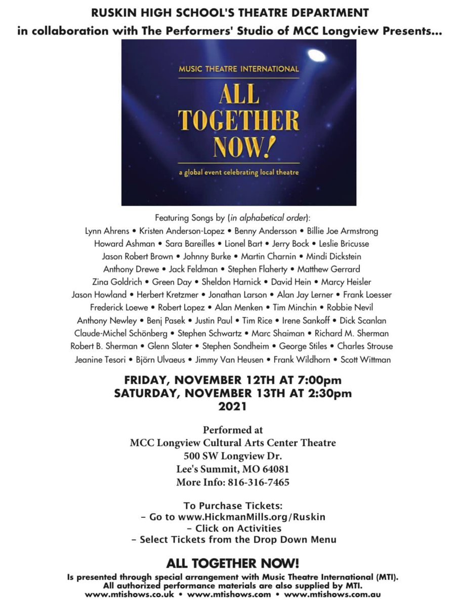 Tickets are now available for Ruskin's fall musical "All Together Now!", a brand new musical revue with songs from shows including Rent, Les Misérables, Into the Woods, Matilda, Hairspray, Disney’s Beauty and the Beast, Fiddler on the Roof, and many more! hickmanmills.org/Page/11344