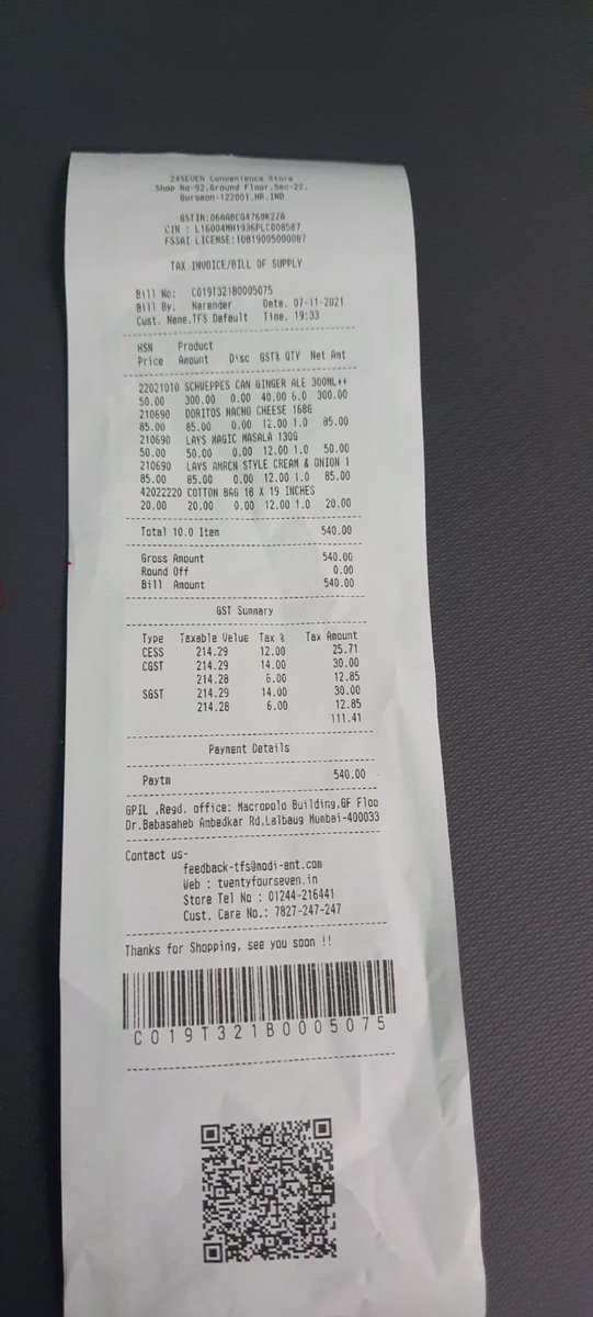 KoolPashy's tweet photo. @jagograhakjago I brought some things from 24Seven and they charged me for a bag that had their brand name on it, I told them that it is not right to charge for a bag that has your brand name printed on it as per the law but they said no law like that. Please help https://t.co/MSjcgTmaCI