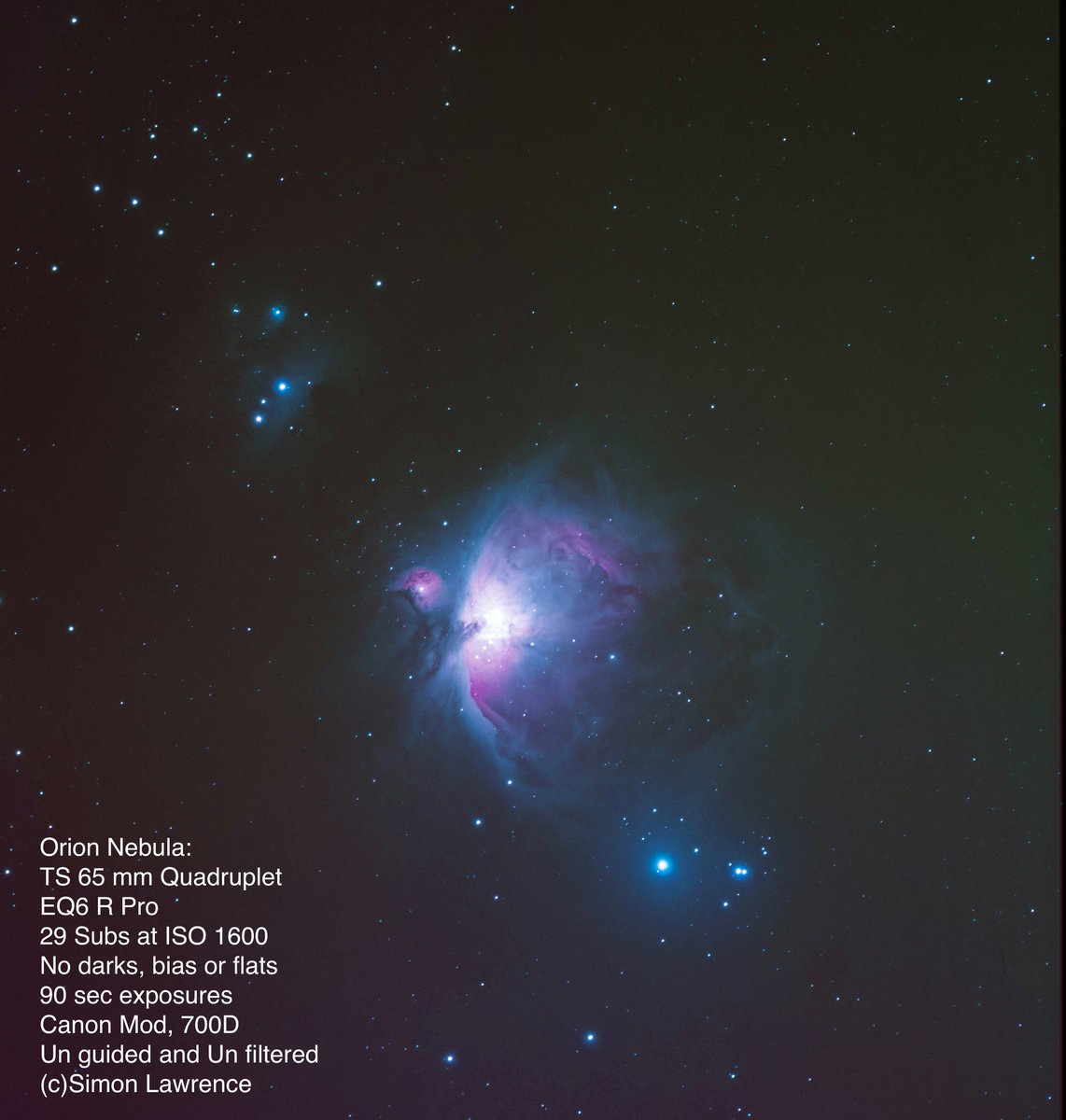 Simon78256916's tweet photo. #Orion is so beautiful, stayed up late last week to get this and couldn't be more pleased.
Unguided
No filters
Canon 700D modded
EQ6 R Pro
TS 65mm Quad
#astro #astronomy #Astrophotography #darkframe https://t.co/g496X9jBb0