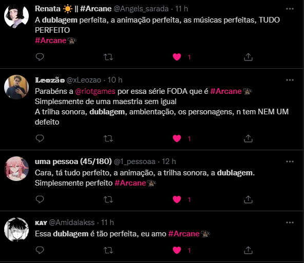 marsx's tweet photo. os tweets com "#Arcane dublagem" são praticamente unânimes, eu tô curtindo absolutamente todos e chorando

foi tudo feito com muito amor por muitas pessoas que não viam a hora desse momento chegar, e não tem recompensa maior que essa aqui, simplesmente não tem https://t.co/UkgbGOdI4l