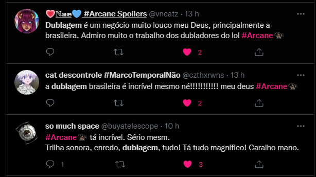 marsx's tweet photo. os tweets com "#Arcane dublagem" são praticamente unânimes, eu tô curtindo absolutamente todos e chorando

foi tudo feito com muito amor por muitas pessoas que não viam a hora desse momento chegar, e não tem recompensa maior que essa aqui, simplesmente não tem https://t.co/UkgbGOdI4l