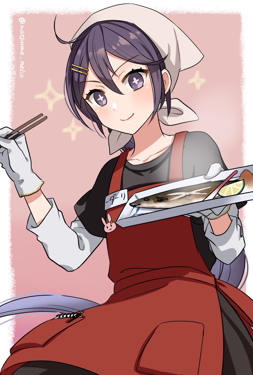 akebono (kancolle) 1girl long hair solo fish red apron apron purple eyes  illustration images