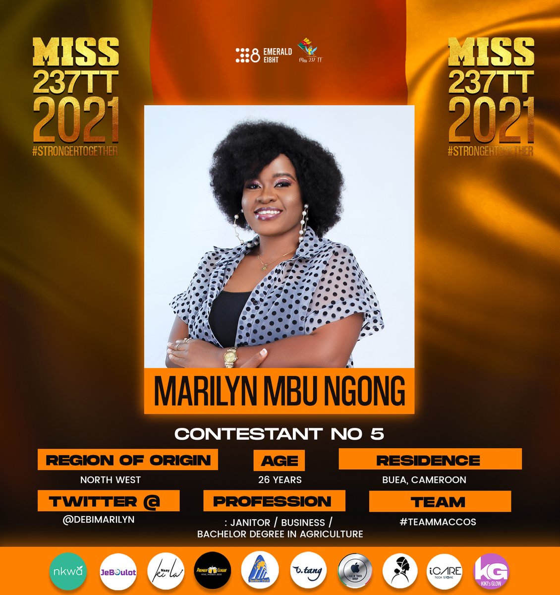 miss237x's tweet photo. Introducing Contestant Number 5
@DebiMarilyn of #TeamMaccos
#MISS237TT #StrongerTogether https://t.co/qn2KXUjDc7