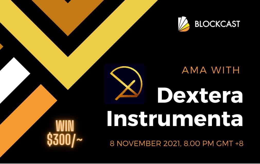 .<a href="/Blockcastcc/">BLOCKCAST.CC NEWS</a> will host AMA with #Dextera on 8 Nov at 8 pm GMT+8. 

- Get ready your questions
- 5 Live/ 5 FB 
- $300 total to be won (468750 DXTA)

- Pls show appreciation by FOLLOWING our supporters:
<a href="/Dextera_Token/">Dextera</a>
<a href="/jennyzheng719/">Jenny Zheng e/acc</a>
<a href="/anndylian/">Anndy Lian</a>

Join us at t.me/Blockcastcommu…