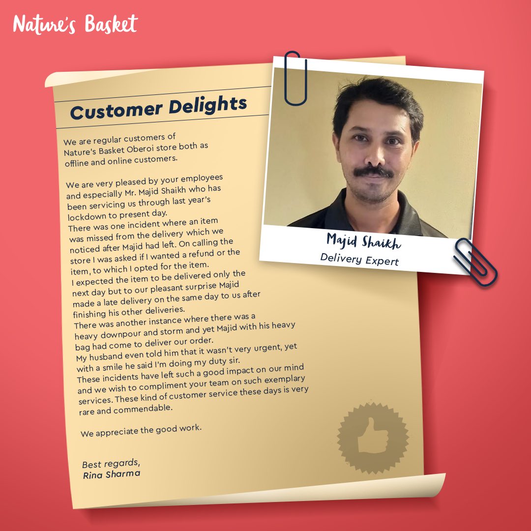 NaturesBasket's tweet photo. Here’s what our customer had to say about Majid Shaikh, the Delivery Expert from the Oberoi Mall store for ensuring a pleasant shopping experience.
Keep sharing such great experiences at our store using the hashtag #CustomerDelights to show your appreciation. #AlwaysServingSafely https://t.co/VNYH2bgzDi